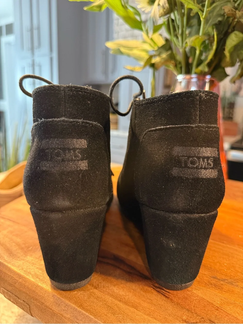 Toms Black Suede Lace-Up Wedge Ankle Booties